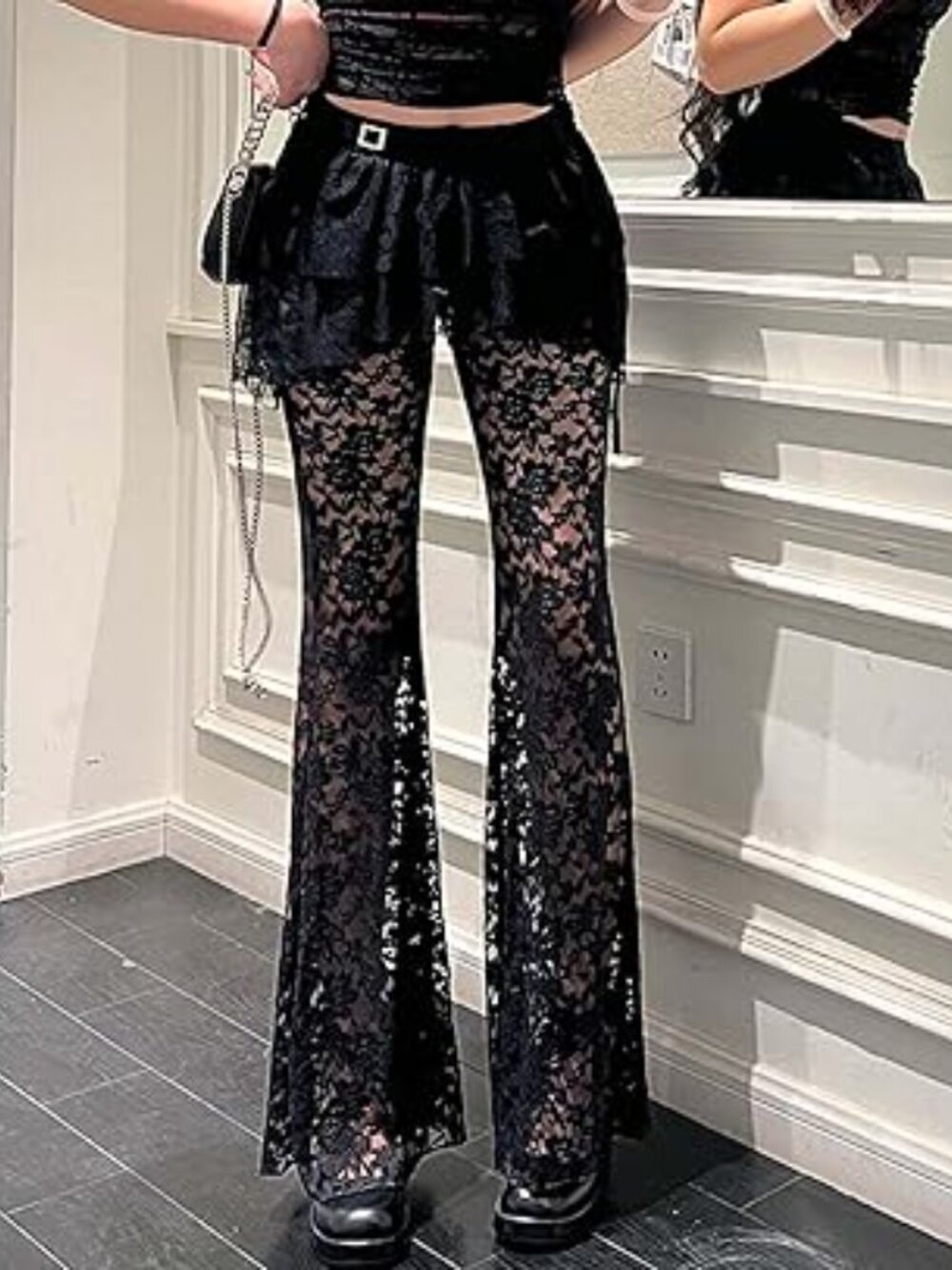 Women's Gothic Lace Flared Pants Asymmetric Floral Bell Bottom Legging S - Picture 5 of 6